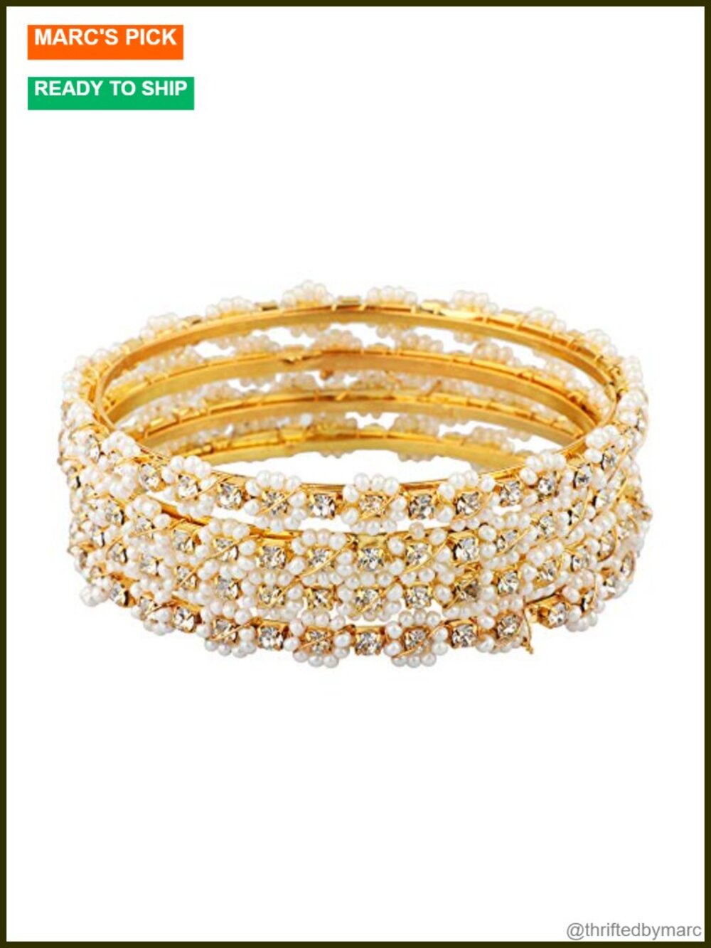 Gold Tone Faux Pearl CZ Bangle Set 4 Piece Indian Bridal Bracelet